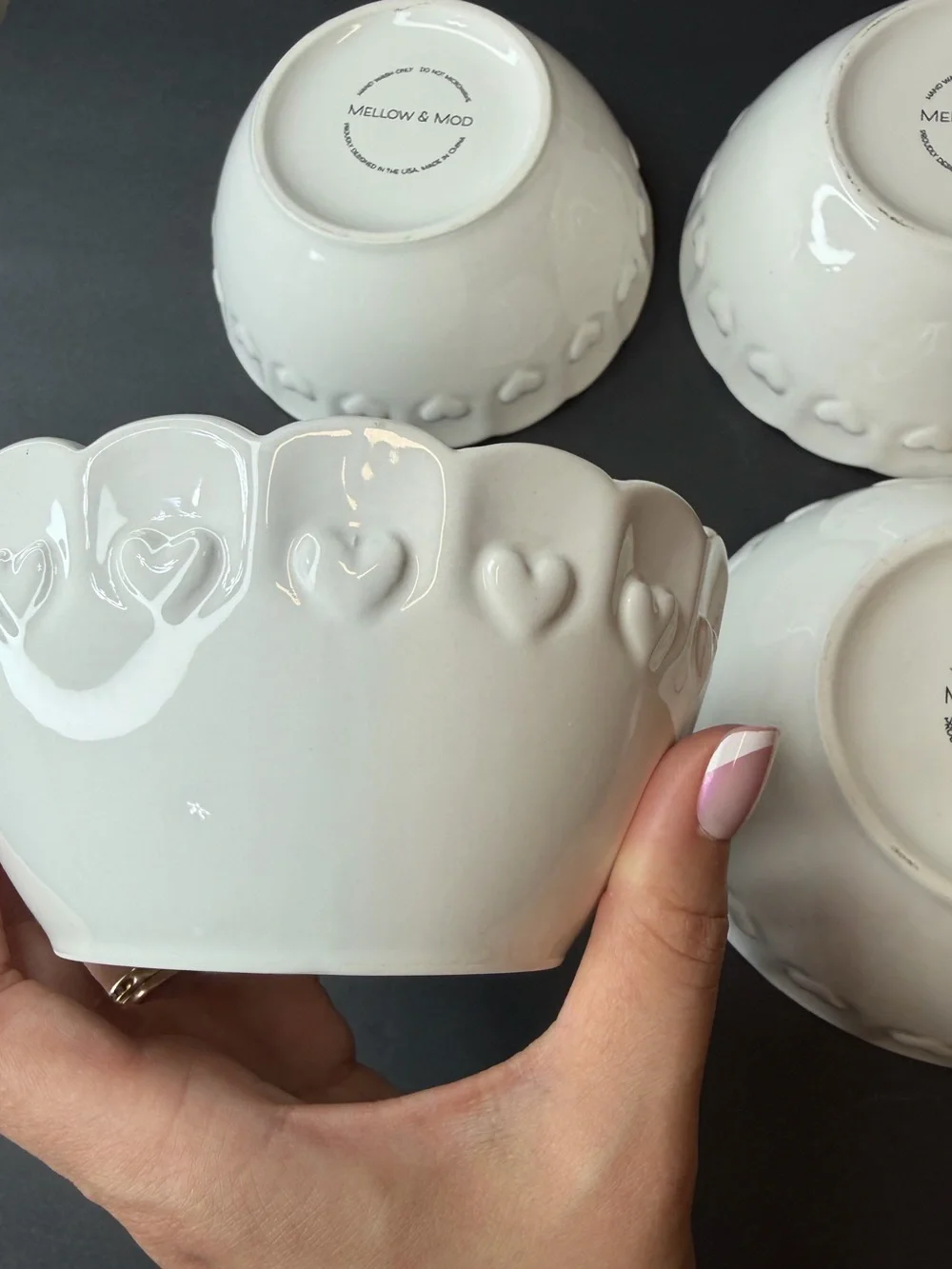 Mellow & Mod White Heart Scalloped Ceramic Bowl Set of 4 Coquette Cottagecore